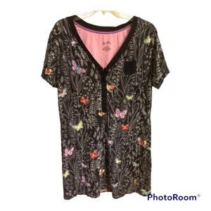 Nick & Nora Womens L Sleepwear Sleep Shirt Gown Butterflies Floral Black Comfy